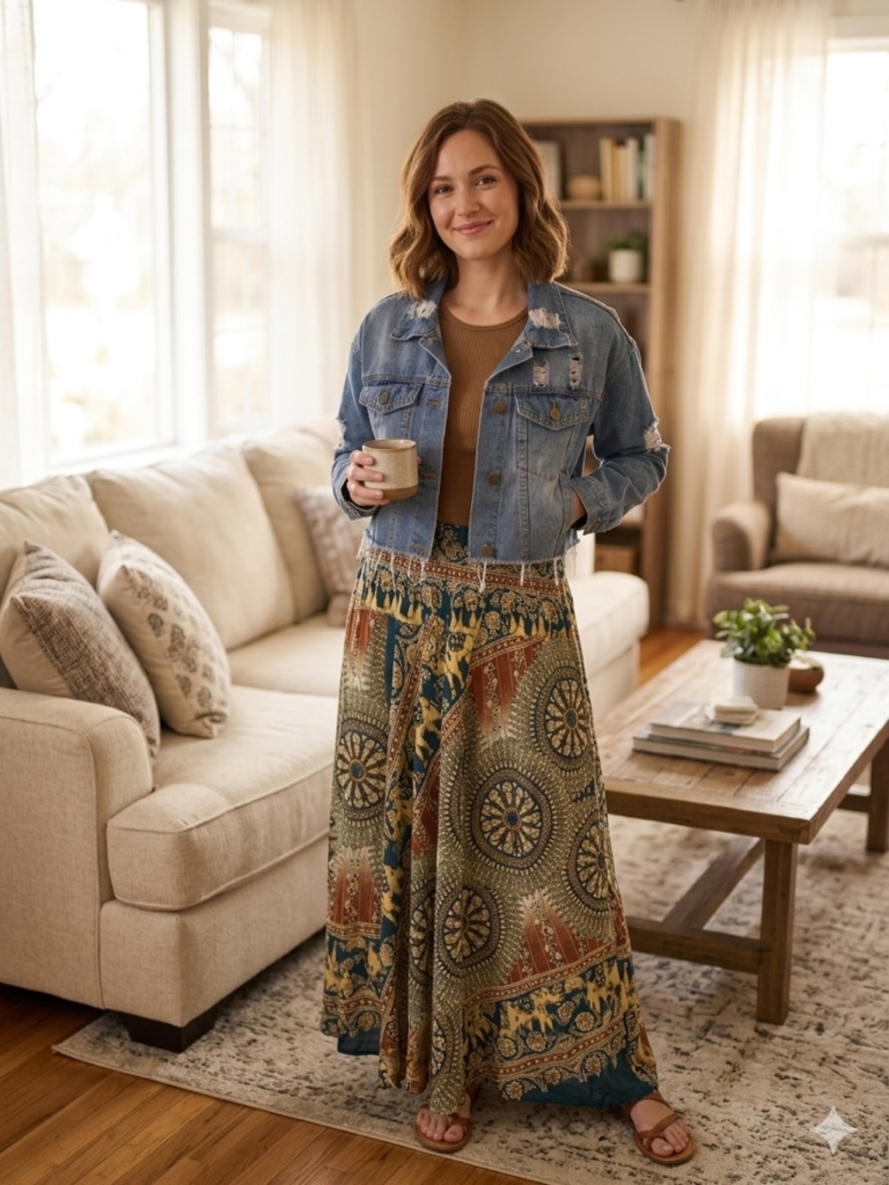 Denim Cropped Jacket with Boho Maxi Skirt - Blue & Multi